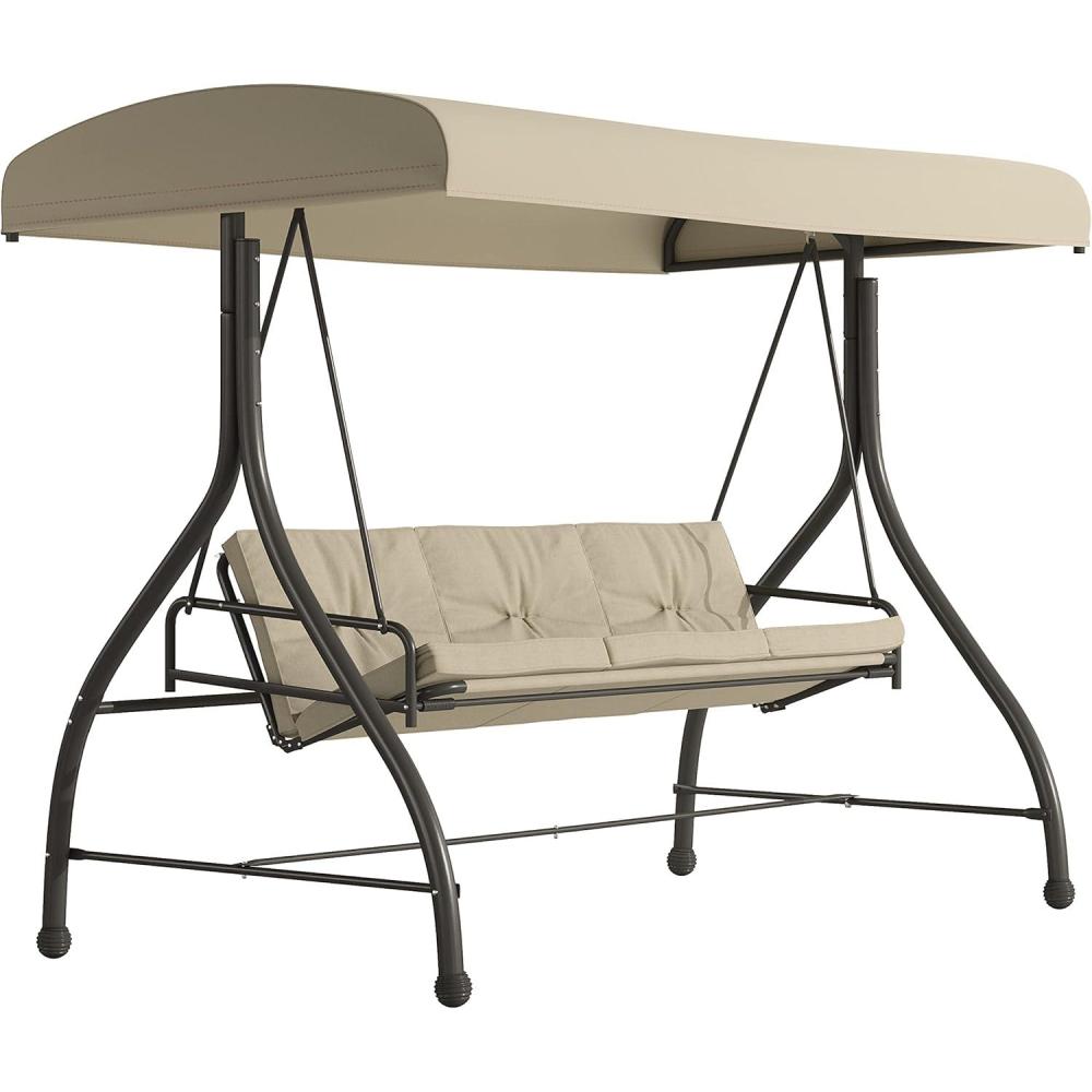 imageFlash Furniture Tellis 3Seat Outdoor Steel Converting Patio Swing Canopy Hammock with Cushions Outdoor Swing Bed GrayTan