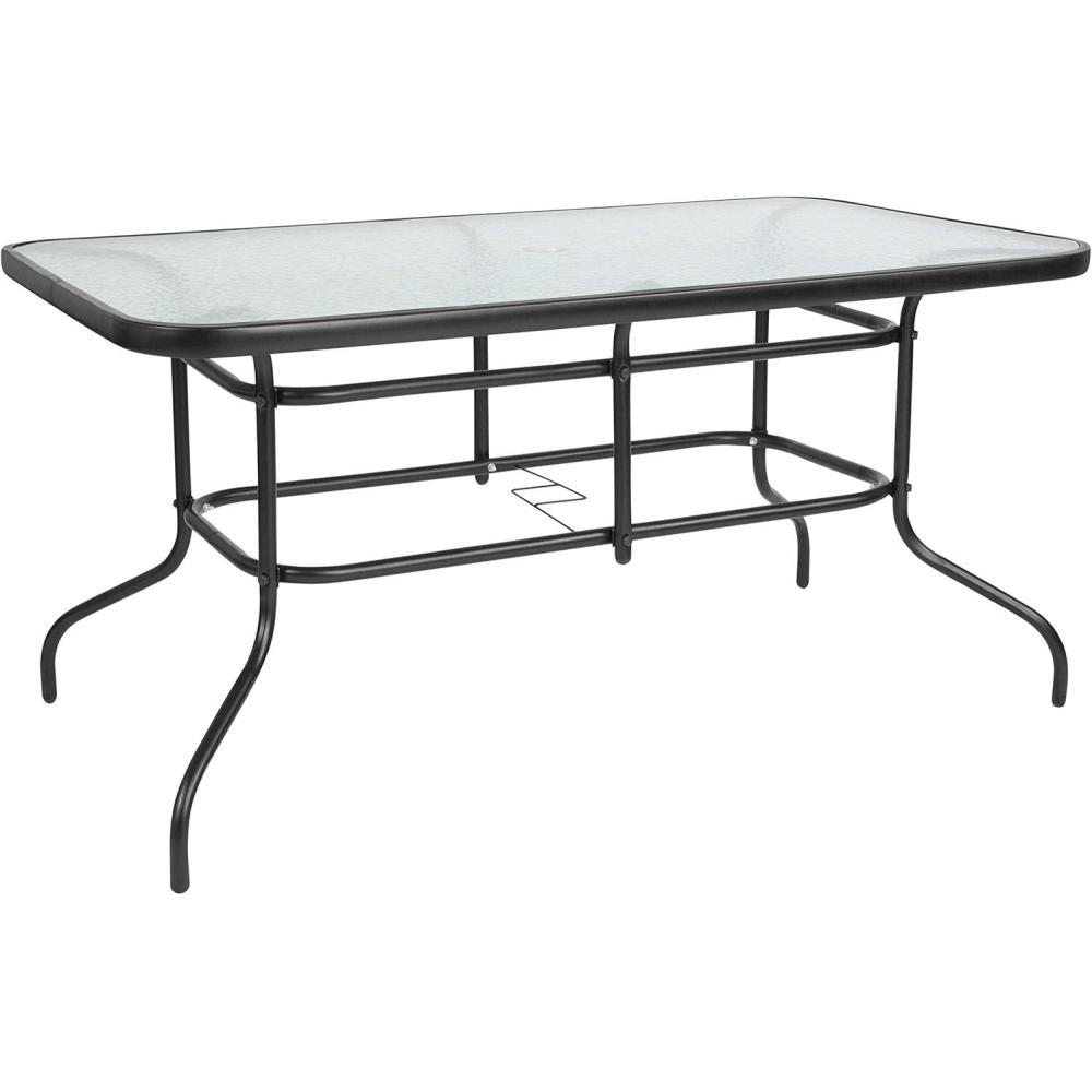 imageFlash Furniture Tory 315quot x 55quot Rectangular Tempered Glass Metal Patio Table with Umbrella Hole Modern Rippled Glass Outdoor Dining Table BlackClear TopBlack Frame