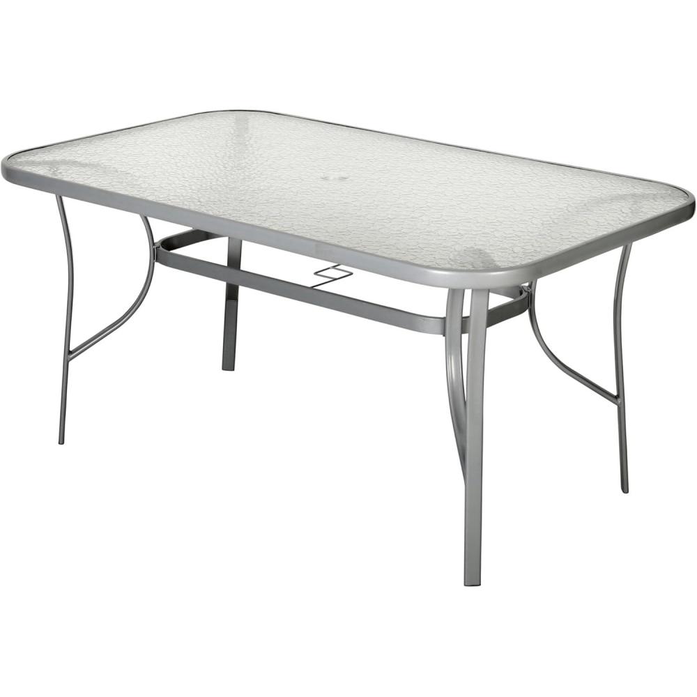 imageFlash Furniture Tory Rectangle Patio Table with Umbrella Hole Commercial AllWeather Table with Heat Resistant Tempered Glass Steel Tube Frame 35x 59 BlackClear TopSilver Frame