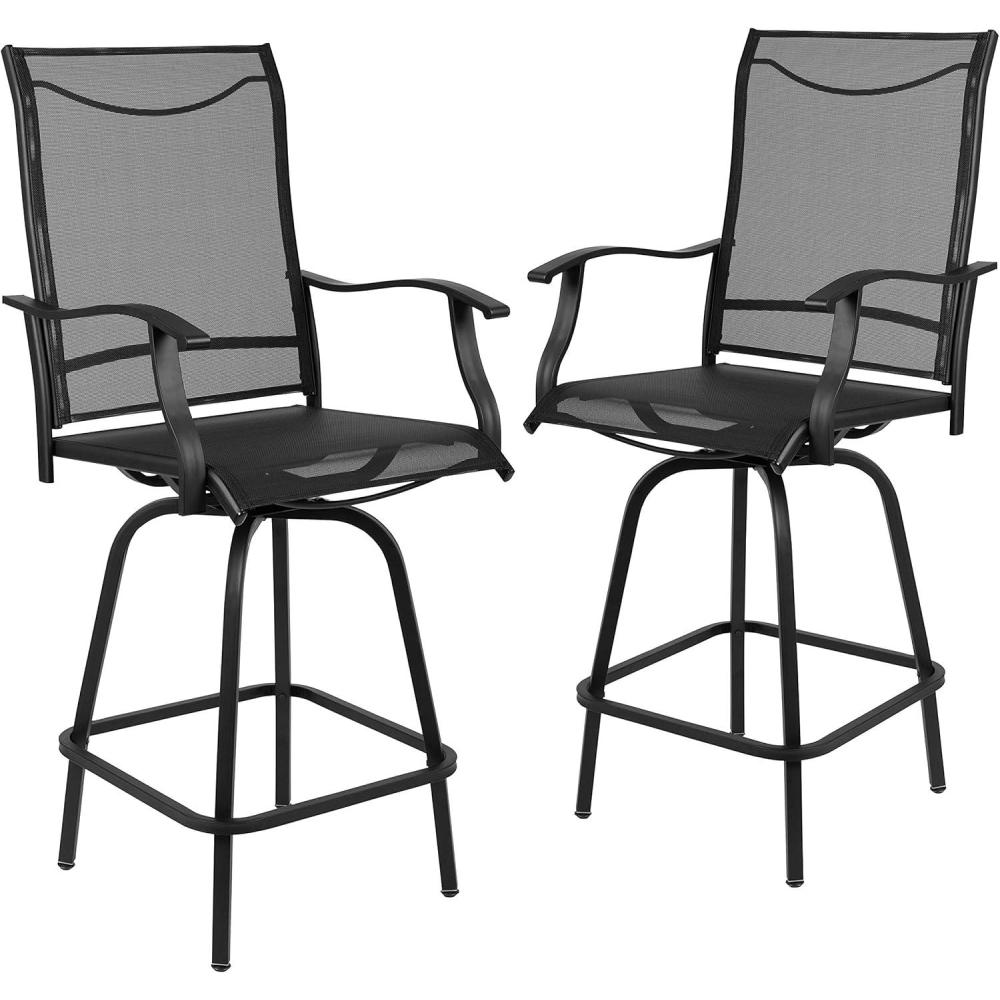 imageFlash Furniture Valerie AllWeather Swivel Patio Barstools with Footrest and Armrests Modern Sling Outdoor Bar Height Stools Set of 2 NavyBlack