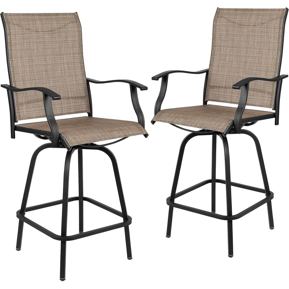 imageFlash Furniture Valerie AllWeather Swivel Patio Barstools with Footrest and Armrests Modern Sling Outdoor Bar Height Stools Set of 2 NavyBrown