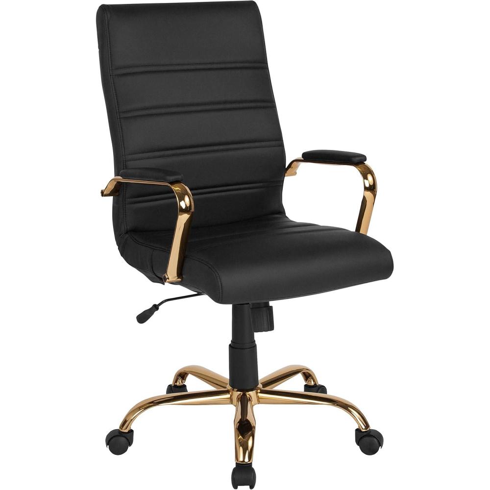 imageFlash Furniture Whitney HighBack Swivel LeatherSoft Desk Chair with Padded Seat and Armrests Adjustable Height Padded Office Chair BlackGoldBlack LeathersoftGold Frame