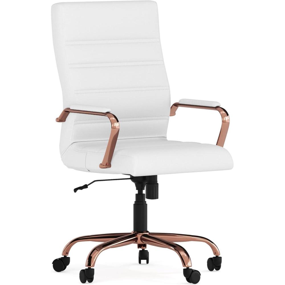 imageFlash Furniture Whitney HighBack Swivel LeatherSoft Desk Chair with Padded Seat and Armrests Adjustable Height Padded Office Chair BlackGoldWhite LeathersoftRose Gold Frame