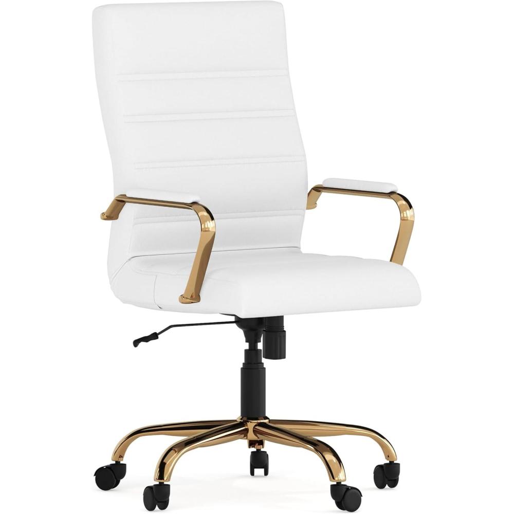 imageFlash Furniture Whitney HighBack Swivel LeatherSoft Desk Chair with Padded Seat and Armrests Adjustable Height Padded Office Chair BlackGoldWhite LeathersoftGold Frame