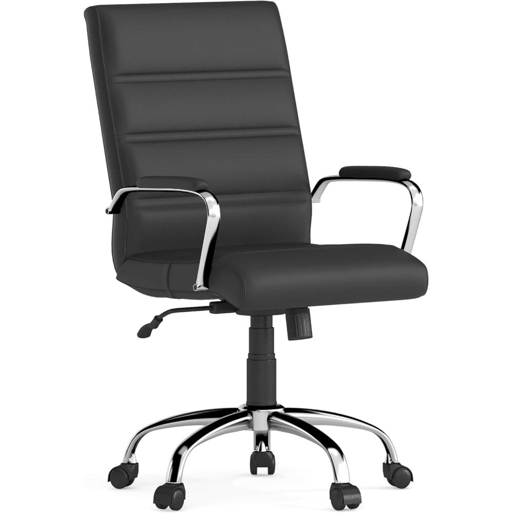 imageFlash Furniture Whitney MidBack Swivel LeatherSoft Desk Chair with Padded Seat and Armrests Adjustable Height Padded Office Chair BlackBlack LeathersoftChrome Frame