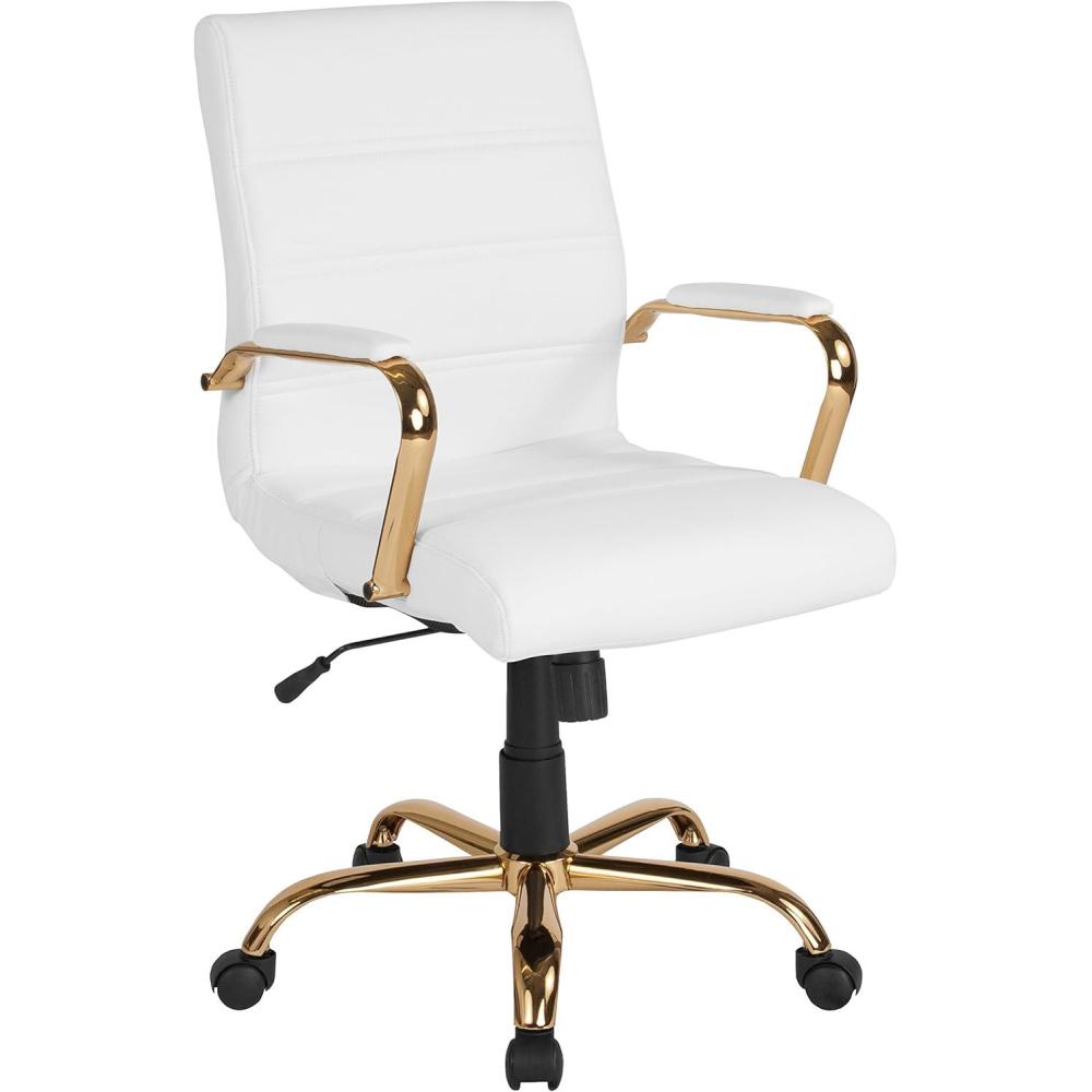imageFlash Furniture Whitney MidBack Swivel LeatherSoft Desk Chair with Padded Seat and Armrests Adjustable Height Padded Office Chair BlackWhite LeathersoftGold Frame
