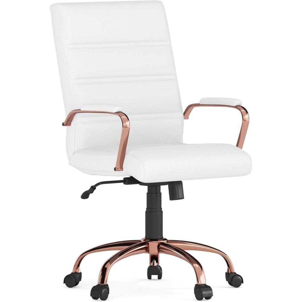 imageFlash Furniture Whitney MidBack Swivel LeatherSoft Desk Chair with Padded Seat and Armrests Adjustable Height Padded Office Chair BlackWhite LeathersoftRose Gold Frame