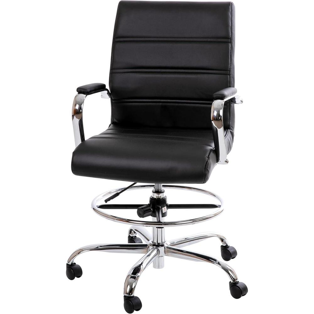 imageFlash Furniture Whitney MidBack Swivel LeatherSoft Drafting Chair with Padded Seat Armrests and Foot Ring Adjustable Office Chair WhiteChromeBlack