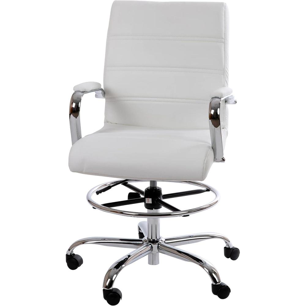 imageFlash Furniture Whitney MidBack Swivel LeatherSoft Drafting Chair with Padded Seat Armrests and Foot Ring Adjustable Office Chair WhiteChromeWhite