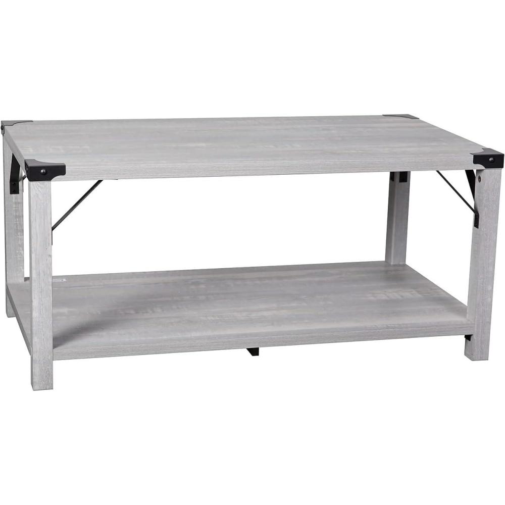 imageFlash Furniture Wyatt Modern Farmhouse 2 Tier Coffee Table Rustic Oak Engineered Wood Frame Black Metal Crisscross Side Braces and Corner AccentsAspen Gray