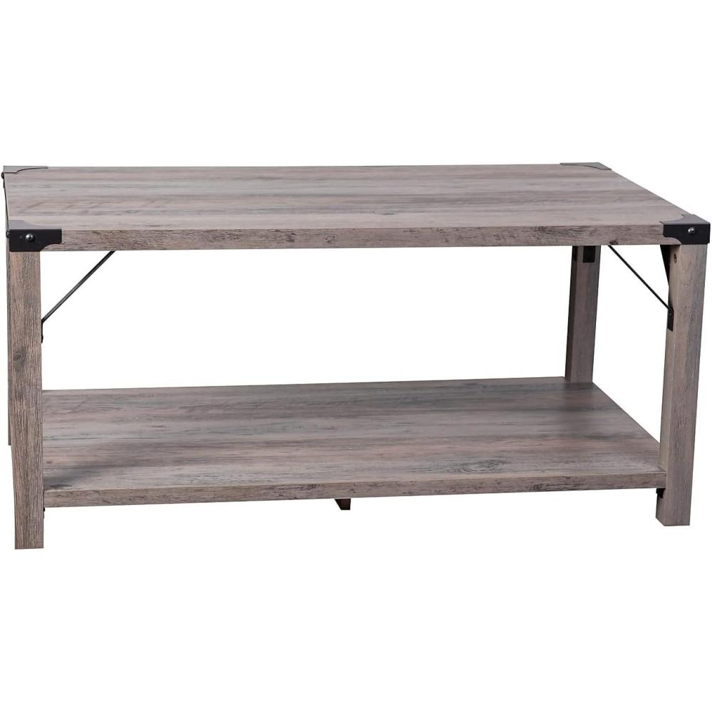 imageFlash Furniture Wyatt Modern Farmhouse 2 Tier Coffee Table Rustic Oak Engineered Wood Frame Black Metal Crisscross Side Braces and Corner AccentsGray Wash