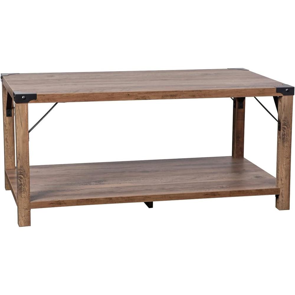 imageFlash Furniture Wyatt Modern Farmhouse 2 Tier Coffee Table Rustic Oak Engineered Wood Frame Black Metal Crisscross Side Braces and Corner AccentsRustic Oak