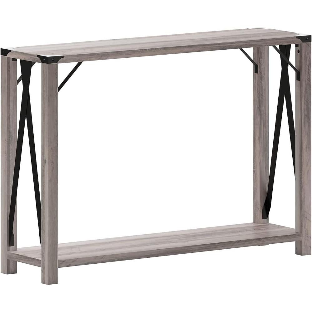 imageFlash Furniture Wyatt Modern Farmhouse 2 Tier Console Table  Gray Wash Engineered Wood Frame  Black Metal Crisscross Side Braces and Corner AccentsGray Wash