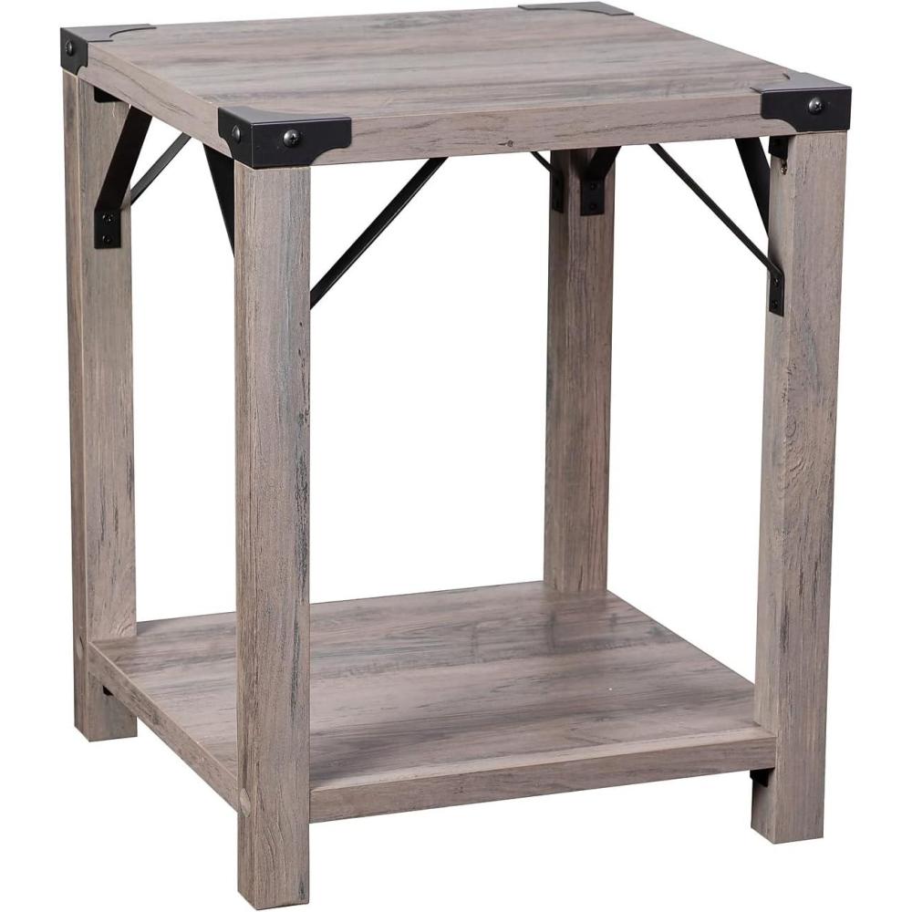 imageFlash Furniture Wyatt Modern Farmhouse 2 Tier Side Table  Rustic Oak Engineered Wood Frame  Black Metal Crisscross Side Braces and Corner AccentsGray Wash