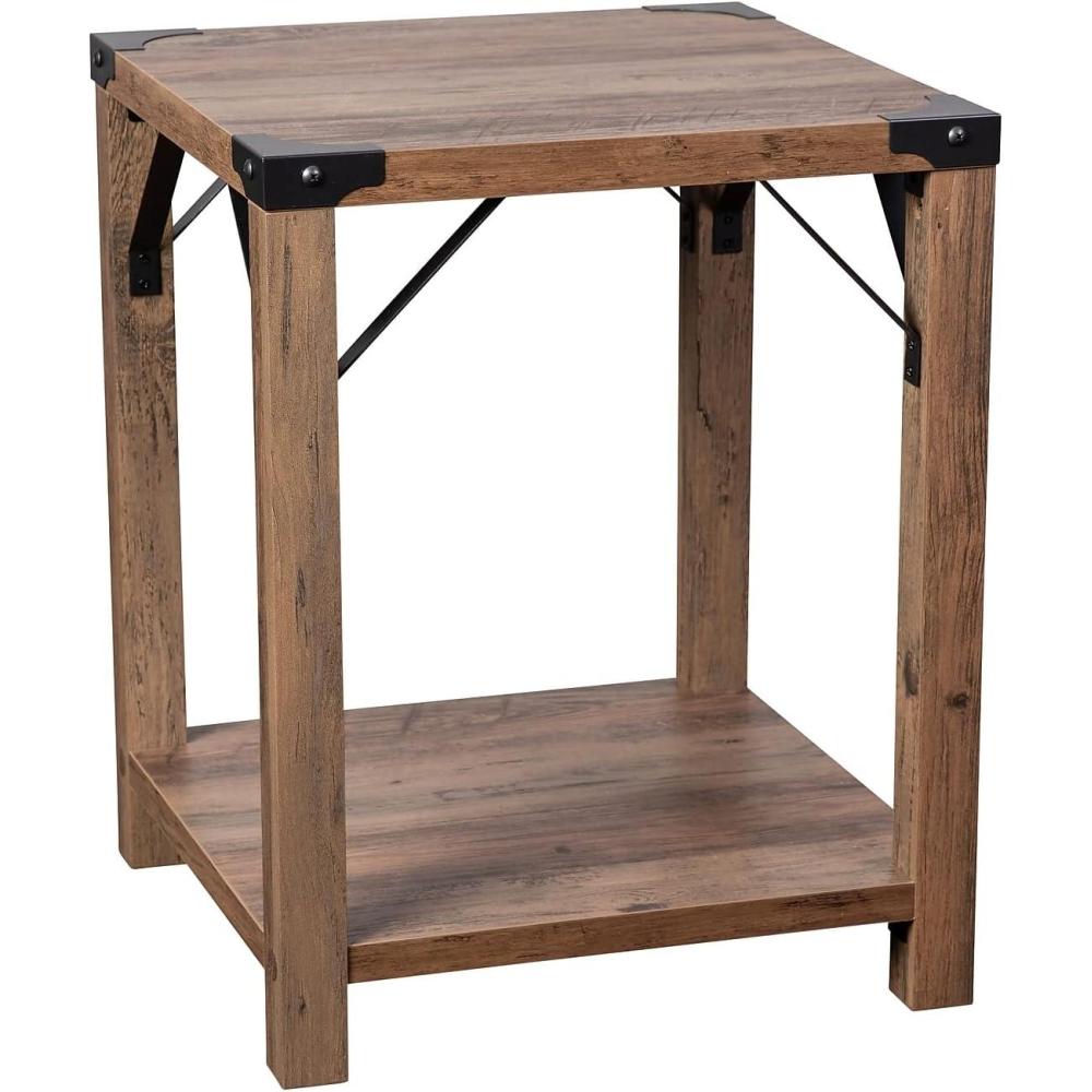 imageFlash Furniture Wyatt Modern Farmhouse 2 Tier Side Table Rustic Oak Engineered Wood Frame Black Metal Crisscross Side Braces and Corner AccentsRustic Oak