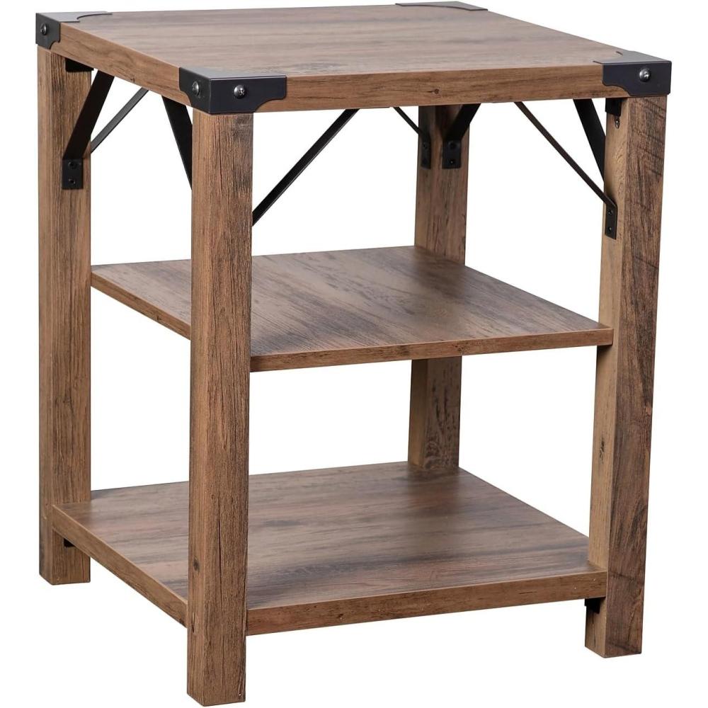 imageFlash Furniture Wyatt Modern Farmhouse 3 Tier Side Table Gray Wash Engineered Wood Frame Black Metal Crisscross Side Braces and Corner AccentsRustic Oak