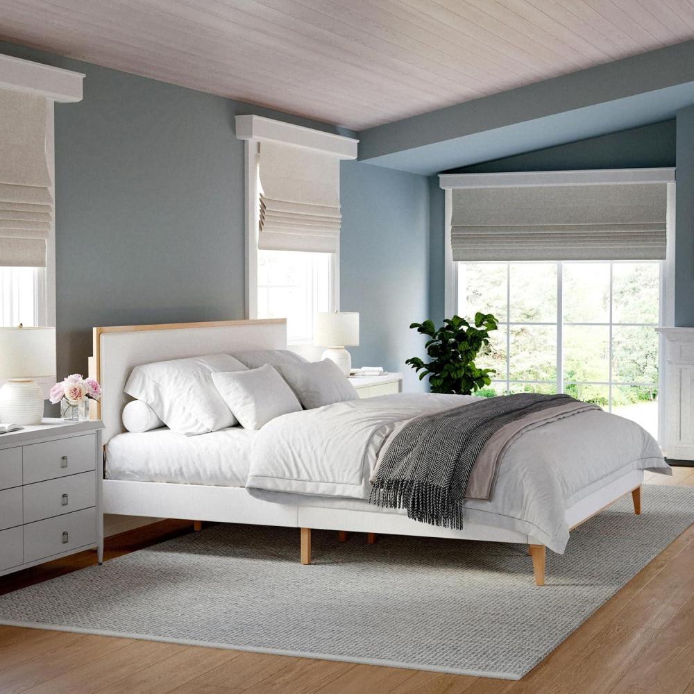 imageMartha Stewart Flynn Platform Bed with Headboard Fabric Upholstered Inset Headboard and Base Solid Wood Frame No Box Spring Needed Queen Light BeechSnowKing