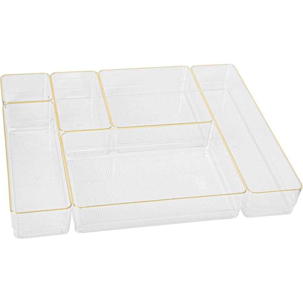 imageMartha Stewart Kerry Plastic Stackable Office Desk Drawer Organizers Set of 6 with Gold TrimClearGold Trim