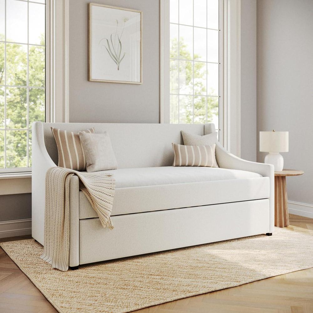 imageMartha Stewart Simone Twin Size Trundle Bed Upholstered Daybed with PullOut Trundle SpaceSaving Design Sturdy Wood Frame No Box Spring Required OffWhite