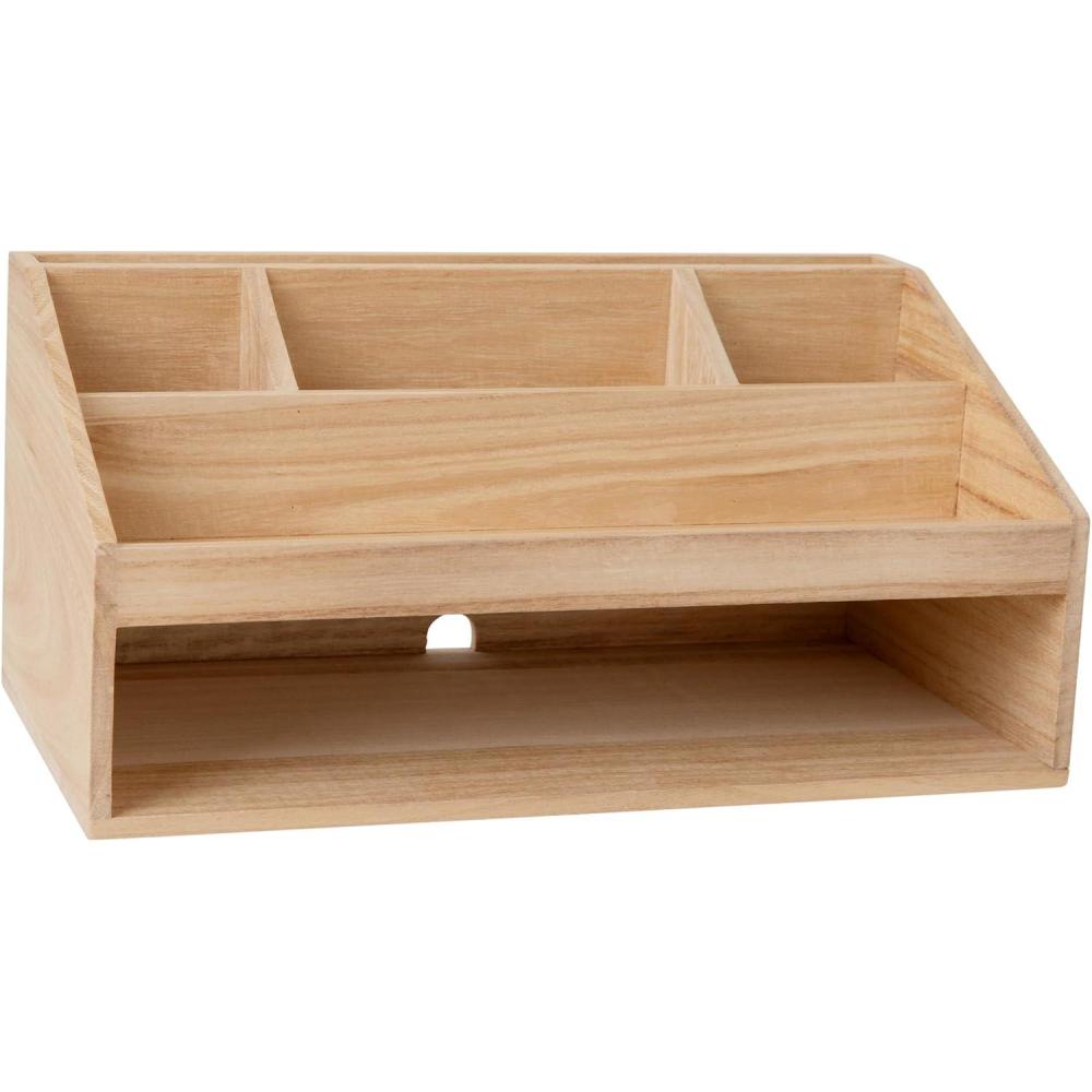 imageMartha Stewart Weston Wooden Desktop Organizer with Open Lower Storage Compartment Paulownia Wood Multipurpose Storage Caddy Light NaturalLight Natural