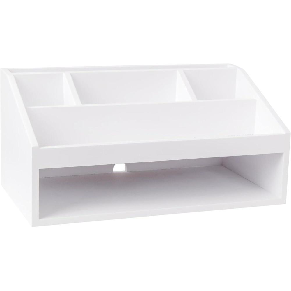 imageMartha Stewart Weston Wooden Desktop Organizer with Open Lower Storage Compartment Paulownia Wood Multipurpose Storage Caddy Light NaturalWhite