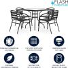Flash Furniture 5-Piece Patio Dining Set with 31.5″ Square Glass Metal Table and 4 Stackable Slat Back Chairs, Indoor/Outdoor Bistro Set, Black(Black)