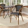 Flash Furniture Bordeaux Indoor/Outdoor Commercial Bistro Stack Chair – Curved Arms – Navy/White PE Rattan Back and Seat – Natural Bamboo Print Metal Frame(Black & White/Natural Frame)