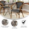 Flash Furniture Bordeaux Indoor/Outdoor Commercial Bistro Stack Chair – Curved Arms – Navy/White PE Rattan Back and Seat – Natural Bamboo Print Metal Frame(Black & White/Natural Frame)