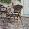 Flash Furniture Bordeaux Indoor/Outdoor Commercial Bistro Stack Chair – Curved Arms – Navy/White PE Rattan Back and Seat – Natural Bamboo Print Metal Frame(Black & White/Natural Frame)