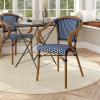 Flash Furniture Bordeaux Indoor/Outdoor Commercial Bistro Stack Chair – Curved Arms – Navy/White PE Rattan Back and Seat – Natural Bamboo Print Metal Frame(Navy & White/Natural Frame)