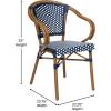 Flash Furniture Bordeaux Indoor/Outdoor Commercial Bistro Stack Chair – Curved Arms – Navy/White PE Rattan Back and Seat – Natural Bamboo Print Metal Frame(Navy & White/Natural Frame)