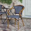 Flash Furniture Bordeaux Indoor/Outdoor Commercial Bistro Stack Chair – Curved Arms – Navy/White PE Rattan Back and Seat – Natural Bamboo Print Metal Frame(Navy & White/Natural Frame)