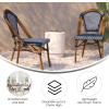 Flash Furniture Bordeaux Set of 2 Indoor/Outdoor Commercial Bistro Stack Chairs – Black/White PE Rattan Back and Seat – Natural Bamboo Print Aluminum Frame(Navy & White/Natural Frame)