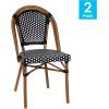 Flash Furniture Bordeaux Set of 2 Indoor/Outdoor Commercial Bistro Stack Chairs – Black/White PE Rattan Back and Seat – Natural Bamboo Print Aluminum Frame(Black & White/Natural Frame)