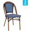 Flash Furniture Bordeaux Set of 2 Indoor/Outdoor Commercial Bistro Stack Chairs – Black/White PE Rattan Back and Seat – Natural Bamboo Print Aluminum Frame(Navy & White/Natural Frame)