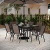 Flash Furniture Brazos Commercial Outdoor Dining Set, 60″ Tempered Glass Patio Table with Umbrella Hole, 6 Stack Chairs with Flex Comfort Seats and Backs, Gray/Black(Brown)