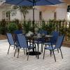 Flash Furniture Brazos Commercial Outdoor Dining Set, 60″ Tempered Glass Patio Table with Umbrella Hole, 6 Stack Chairs with Flex Comfort Seats and Backs, Gray/Black(Navy)