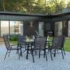 Flash Furniture Brazos Series 7-Piece Glass Patio Table and Chairs Set, Outdoor Dining Set with Table with Umbrella Hole, 6 Sling Patio Chairs, Black(Black)