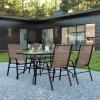 Flash Furniture Brazos Series 7-Piece Glass Patio Table and Chairs Set, Outdoor Dining Set with Table with Umbrella Hole, 6 Sling Patio Chairs, Black(Brown)