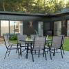 Flash Furniture Brazos Series 7-Piece Glass Patio Table and Chairs Set, Outdoor Dining Set with Table with Umbrella Hole, 6 Sling Patio Chairs, Black(Grey)