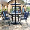 Flash Furniture Brazos Series 7-Piece Glass Patio Table and Chairs Set, Outdoor Dining Set with Table with Umbrella Hole, 6 Sling Patio Chairs, Black(Navy)