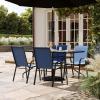 Flash Furniture Brazos Series 7-Piece Glass Patio Table and Chairs Set, Outdoor Dining Set with Table with Umbrella Hole, 6 Sling Patio Chairs, Black(Navy)