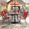 Flash Furniture Brazos Series 7-Piece Glass Patio Table and Chairs Set, Outdoor Dining Set with Table with Umbrella Hole, 6 Sling Patio Chairs, Black(Red)