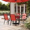 Flash Furniture Brazos Series 7-Piece Glass Patio Table and Chairs Set, Outdoor Dining Set with Table with Umbrella Hole, 6 Sling Patio Chairs, Black(Red)