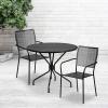 Flash Furniture Commercial Grade 35.25″ Round Black Indoor-Outdoor Steel Patio Table Set with 2 Square Back Chairs(Black)