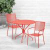 Flash Furniture Commercial Grade 35.25″ Round Black Indoor-Outdoor Steel Patio Table Set with 2 Square Back Chairs(Coral)