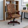 Flash Furniture Derrick Traditional Microfiber Tufted Swivel Office Chair with Wood Base, Ergonomic Farmhouse High-Back Desk Chair, Ivory/Brown(Bomber Brown Microfiber)
