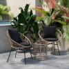 Flash Furniture Devon 3-Piece Indoor/Outdoor Bistro Set – Tan Finish Rattan Rope Papasan Style Chairs and Glass Top Side Table – Black Back and Seat Cushions