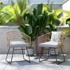 Flash Furniture Devon Set of 2 Patio Boho Club Chairs – Rope with Natural Finish PE Wicker Rattan – Light Gray Seat Cushions and Sled Base – Indoor/Outdoor Use