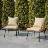 Flash Furniture Evin Set of 2 Boho Indoor/Outdoor Patio Chairs – Natural Finish Faux Rattan Wicker – Cream All-Weather Cushions – Integrated Armrests